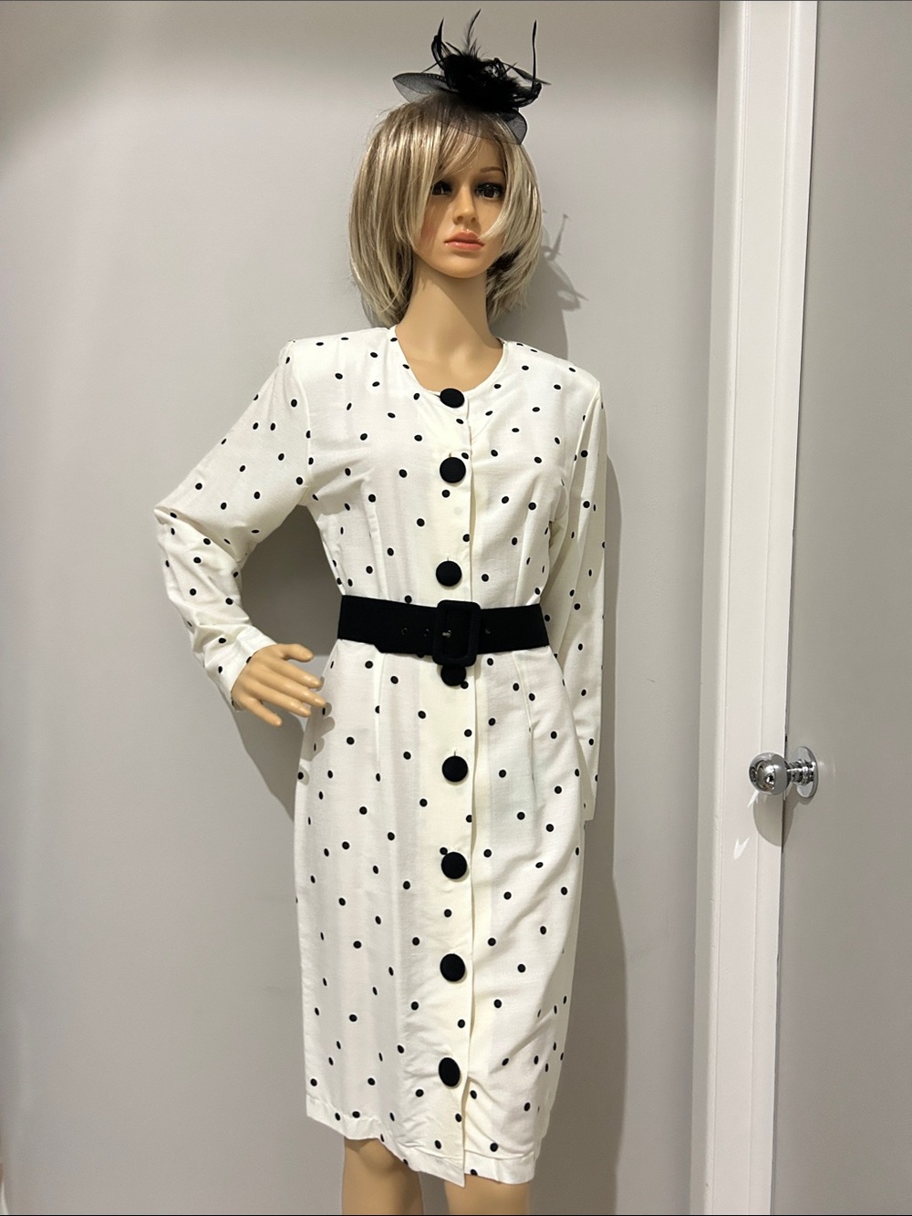 Vintage Bernie Blu Polka Dot Button-Front Midi Dress with Black Belt